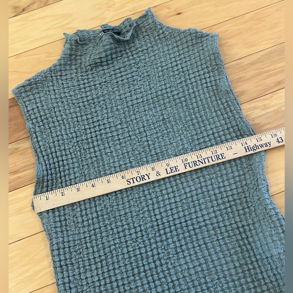 Zara Textured Sage Sleeveless Stretch Women’s Blouse with Ruffle Collar - Picture 3 of 11